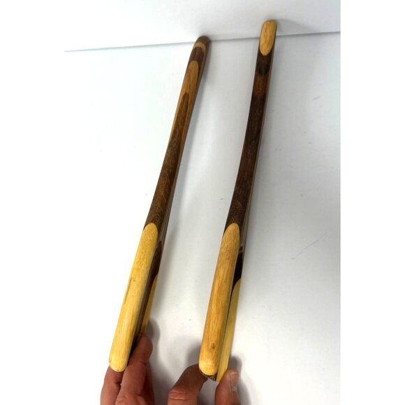 Vintage Striped Wooden Salad Servers 12" Handcrafted Contemporary Kitchen Decor - Picture 6 of 6